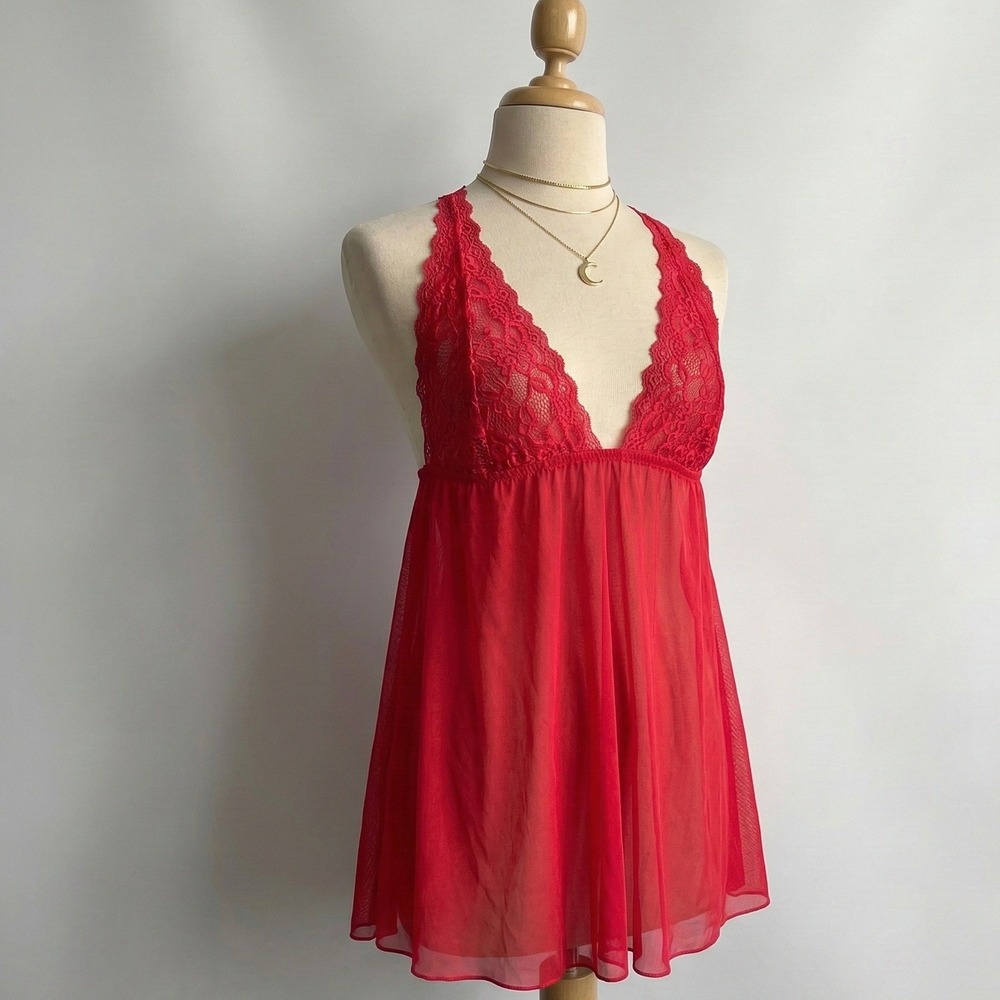 Red Lace Mesh Babydoll Chemise Thong Set One Size Sexy Valentines Day